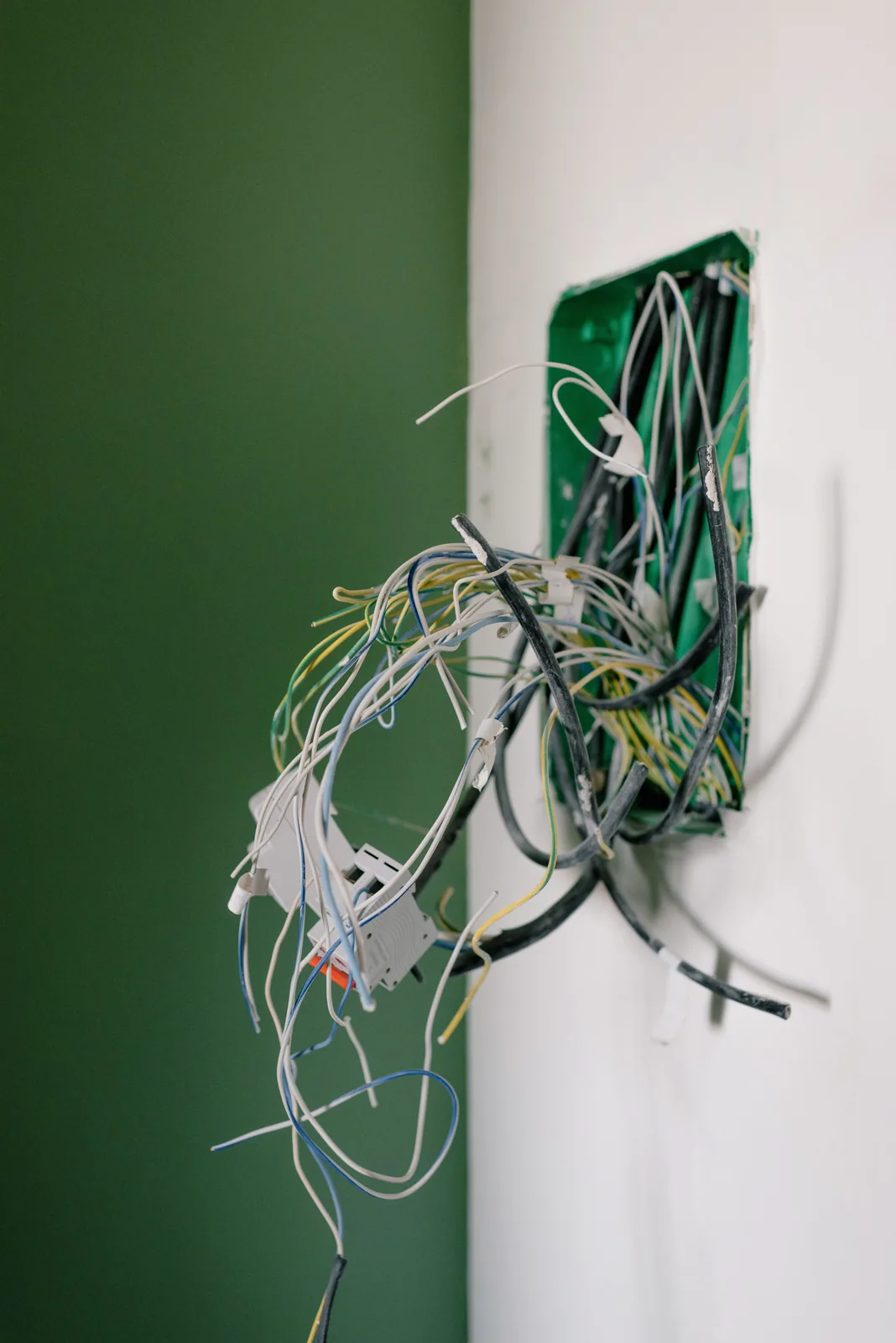 Old wiring spilling out of a junction box, for electrician in Surrey