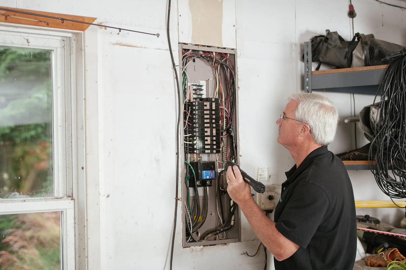 An electrician checking an open residential panel by torchlight, for level 2 charger in Surrey